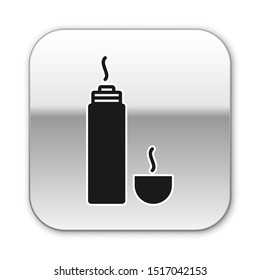 Black Thermos container icon isolated on white background. Thermo flask icon. Camping and hiking equipment. Silver square button. Vector Illustration