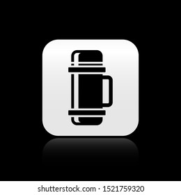 Black Thermos container icon isolated on black background. Thermo flask icon. Camping and hiking equipment. Silver square button. Vector Illustration