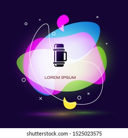 Black Thermos container icon isolated on dark blue background. Thermo flask icon. Camping and hiking equipment. Abstract banner with liquid shapes. Vector Illustration