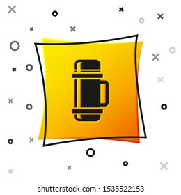 Black Thermos container icon isolated on white background. Thermo flask icon. Camping and hiking equipment. Yellow square button. Vector Illustration