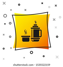 Black Thermos container icon isolated on white background. Thermo flask icon. Camping and hiking equipment. Yellow square button. Vector Illustration