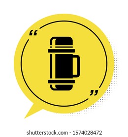 Black Thermos container icon isolated on white background. Thermo flask icon. Camping and hiking equipment. Yellow speech bubble symbol. Vector Illustration