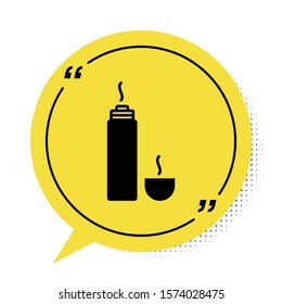 Black Thermos container icon isolated on white background. Thermo flask icon. Camping and hiking equipment. Yellow speech bubble symbol. Vector Illustration