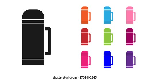 Black Thermos container icon isolated on white background. Thermo flask icon. Camping and hiking equipment. Set icons colorful. Vector Illustration