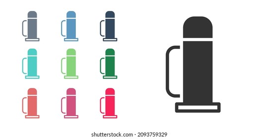 Icono de contenedor termo negro aislado en fondo blanco. Icono del matraz térmico. Equipo de camping y senderismo. Indique los iconos en colores. Vector