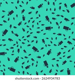 Black Thermos container icon isolated seamless pattern on green background. Thermo flask icon. Camping and hiking equipment.  Vector