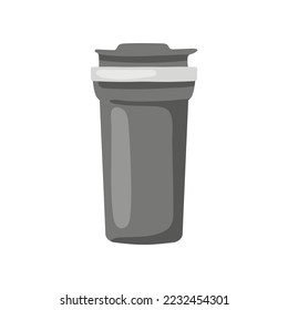 Black thermos flask for drinks vector illustration. Eco-friendly travel mug or container with drink for lunch at school or office on white background. Lunch break, beverage, accessories concept