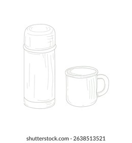 A black thermos and a white cup are placed on a white background. The thermos is designed to keep liquids hot or cold for an extended period of time, while the cup is used for drinking