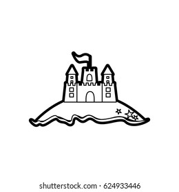 black thick contour of beach and sandcastle with flag vector illustration