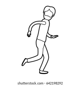 black thick contour caricature faceless full body man bearded running vector illustration
