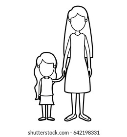 black thick contour caricature faceless full body mother taken hand with girl vector illustration