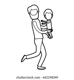 black thick contour caricature faceless full body man carrying a child vector illustration