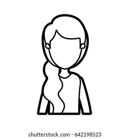 Black Thick Contour Caricature Faceless Half Body Woman With Side Ponytail Hairstyle Vector Illustration