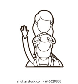 black thick contour caricature faceless half body super dad hero greeting with girl on his back vector illustration