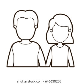 black thick contour caricature faceless half body couple woman with short hair and young man vector illustration