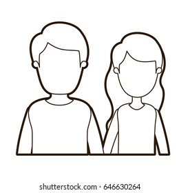 black thick contour caricature faceless half body couple woman with long wavy hair and man vector illustration