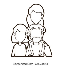 black thick contour caricature faceless front view half body family parents with girl long hairstyle on his back vector illustration