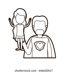 black thick contour caricature faceless half body super dad hero with girl on his hand vector illustration