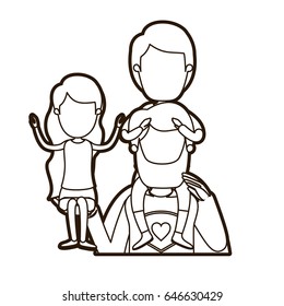 black thick contour caricature faceless half body super dad hero with girl on his hand and boy on his back vector illustration