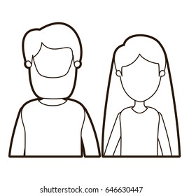 black thick contour caricature faceless front view half body couple woman with long hair and bearded man vector illustration