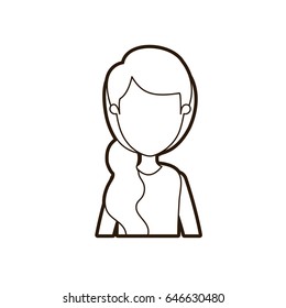 Black Thick Contour Caricature Faceless Half Body Woman With Side Ponytail Hairstyle Vector Illustration