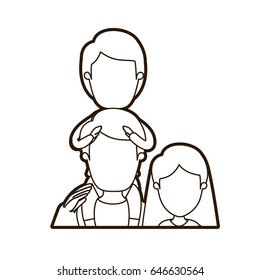 black thick contour caricature faceless half body family mother and father with boy on his back vector illustration