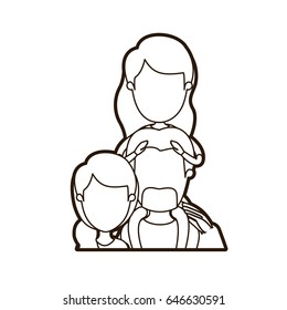 black thick contour caricature faceless half body family with mother and father with moustache and girl on his back vector illustration