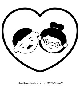 black thick contour of heart shape greeting card with caricature face of grandfather with mustache and grandmother with collected hair with glasses vector illustration