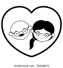 black thick contour of heart shape greeting card with caricature face of bald grandfather with glasses and grandmother with ponytail side hair vector illustration