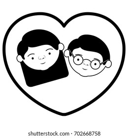 black thick contour of heart shape greeting card with caricature face of grandfather with glasses and grandmother with straight medium hair vector illustration