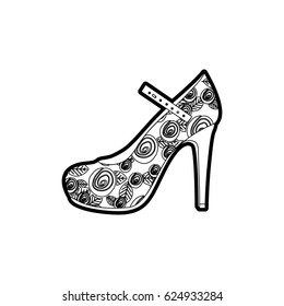 black thick contour of high heel shoe with belt and floral decoration vector illustration