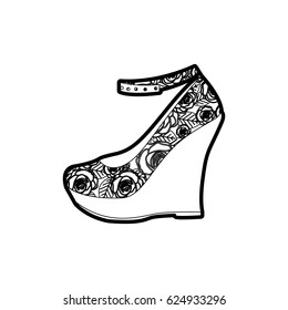 black thick contour of high heel platform shoe with floral decoration vector illustration