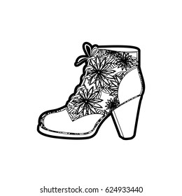 black thick contour of leather high heel shoe with shoelaces with floral decoration vector illustration