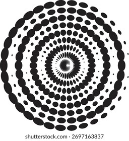 linhas de velocidade de círculo pontilhadas de meio-tom grosso preto. Movimento abstrato da forma geométrica. Elementos de design para quadros, tatuagens, páginas da Web, impressões, cartazes e modelos. Logotipo da rodada de tecnologia. Explosão solar. Vetor