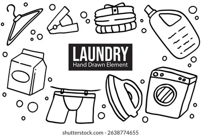 Black thick line hand drawn Laundry Elements. Background, vector, simple design, line art, black ink, wall decoration, ornament