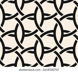 Black thick line interwined circles seamless pattern on beige background. Repeating beige pattern.