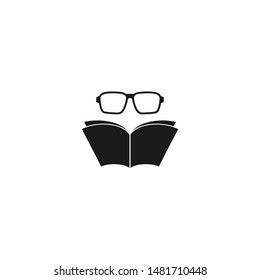 Black thick opened book with round glasses.  Isolated on white. Flat reading icon. Vector illustration. Education logo. Library pictogram.