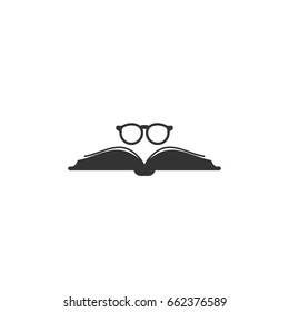 Black thick opened book with round glasses.  Isolated on white. Flat reading icon. Vector illustration. Education logo. Library pictogram.