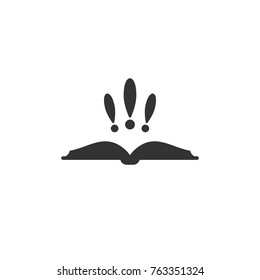 Black thick opened book with three exclamation marks.  Isolated on white. Flat reading icon. Vector illustration. Education logo. Library pictogram. Warning icon. Attention.