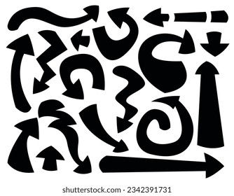black thick vector arrows, , zigzags and lines, on a white background