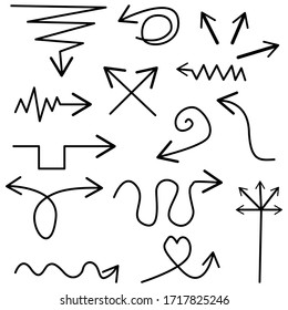 Black, thin arrows on a white background in different shapes and directions. Vector illustration. Stock Photo.