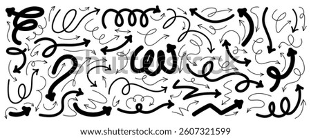 Black Thin and Bulky Hand drawn Arrows with Squiggle Curvy Lines and Loops. Set of doodle arrow icons. Collection of sketchy hand free curved lines and pointers