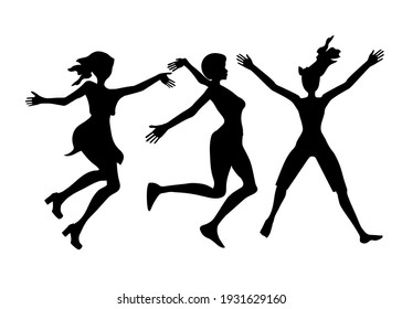 black thin, hands up
 silhouettes of jumping women, with different hairstyles,
   set of vector people
isolated on white background