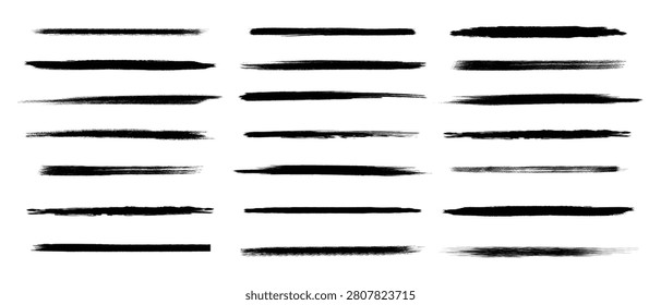 Black thin ink brush stroke set. Grunge underline dividers for text. Vector artistic line collection pack