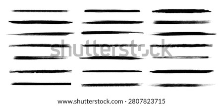 Black thin ink brush stroke set. Grunge underline dividers for text. Vector artistic line collection pack