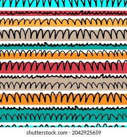 Black thin ink curves lines and colored stripes isolated on white background. Cute striped seamless pattern. Vector simple flat graphic hand drawn illustration. Texture.