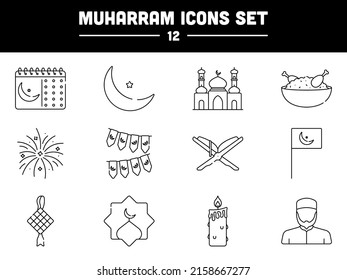 Black Thin Line Art Muharram Icon Or Symbol Set.
