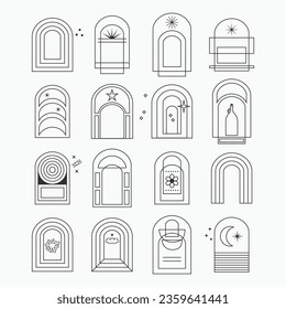 Black thin line assorted isolated round arches frames icons set with stars design elements on white background