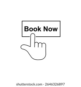 black thin line book now with hand. concept of easy reservation by smartphone or mobile phone and pre-order motel. flat simple linear trend modern logotype graphic art design isolated on white