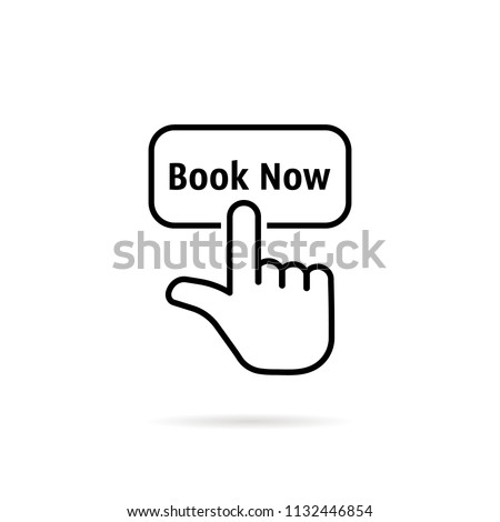 black thin line book now with hand. concept of easy reservation by smartphone or mobile phone and pre-order motel. flat simple linear trend modern logotype graphic art design isolated on white